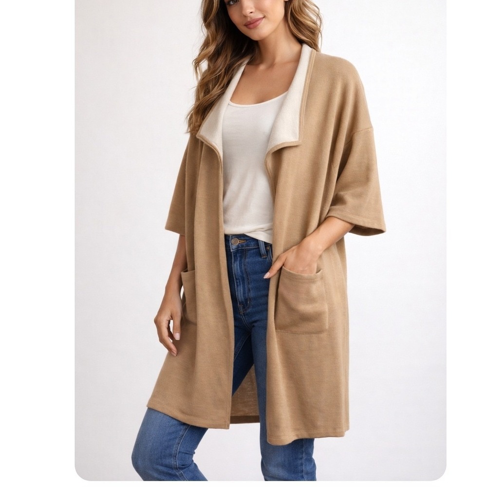 Chicos Womens Size 3 XL Camel Tan Cream Open Front Shawl Collar Cardigan Sweater